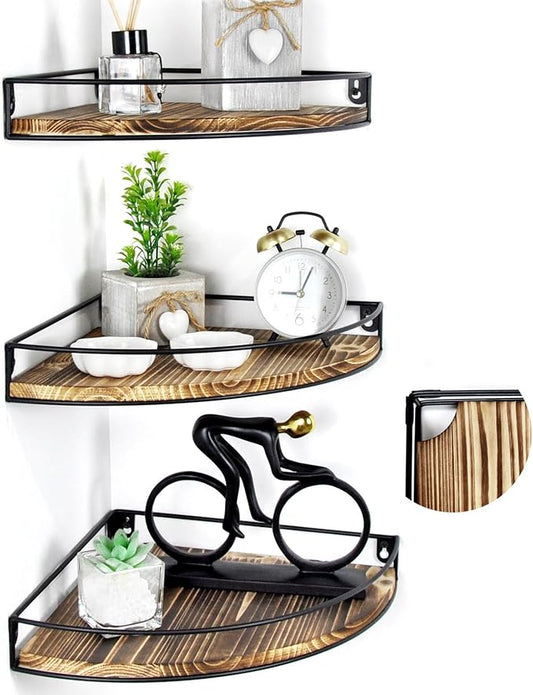 Corner Shelf Wall Mounted, Corner Floating Shelves for Wall, Wood Storage with Cable Hole for Kitchen Living Room Bedroom Bathroom, Dark Brown Set of 3