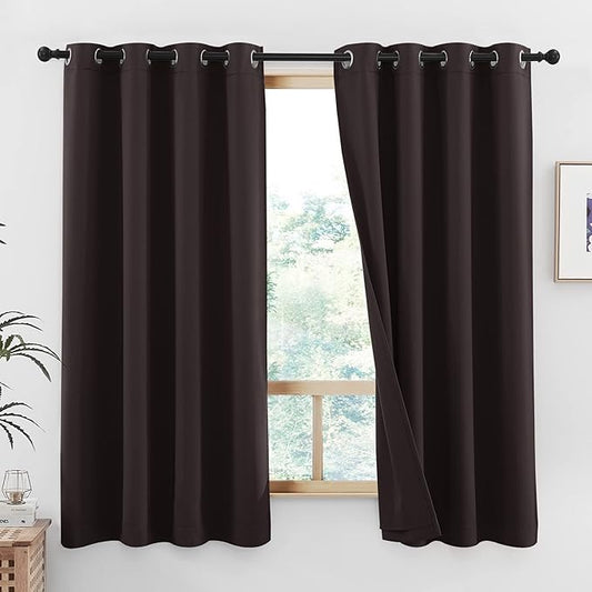 NICETOWN 100% Blackout Curtains 45 inches Length, 2 Thick Layers Completely Blackout Window Treatment Thermal Insulated Lined Drapes for Basement Window (Brown, 1 Pair, 52 inches Width Each Panel)