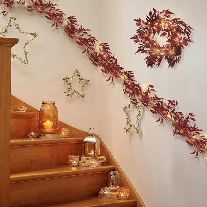 Artificial Hanging Willow Vine Twigs Whit Light 2Pcs 5.7Ft Fake Fall Garland Faux Silk Willow Leaves Ivy Indoor Outdoor Wedding Jungle Birthday Autumn Wreath Thanksgiving Christmas Party Decor