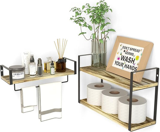 ZGO 2+1 Tier Floating Shelves Wall Mounted Set of 2, Rustic Wood Wall Shelves with Metal Frame Tissue Rack and Towel Bar for Bedroom, Bathroom, Living Room, Kitchen, Storage & Decoration, Wood