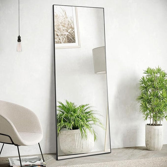 Sweetcrispy Full Length Mirror with stand, 59"x16" Floor Mirror with Aluminum Alloy Frame for Bedroom, Standing Full Body Mirror with Shatter-proorf Nano Glass for wall, Living Room, Cloakroom (Black)