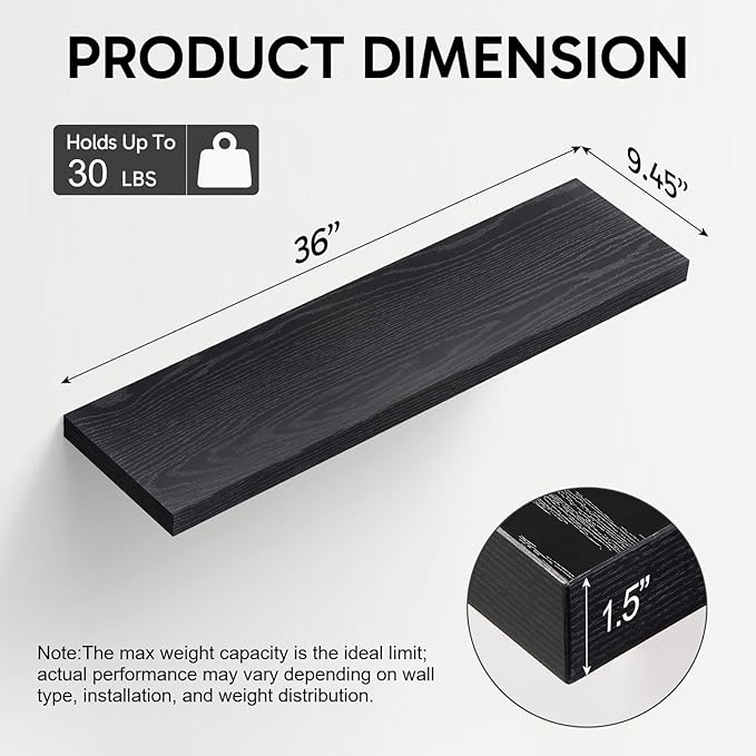 BAYKA Floating Shelves for Wall, 36 inches Wall Mounted Rustic Wood Shelves for Bathroom, Bedroom, Living Room, for Books/Storage/Decor with 22lbs Capacity（Black,Set of 3