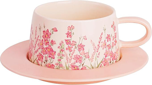 Pink Coffee Mug with Saucer Set, 9oz Pretty Ceramic Mugs with Floral Design, Elegant Flower Cup Perfect for Coffee Tea Cappuccino,Gift for Women, Mom, Friend, Mothers Day Gifts