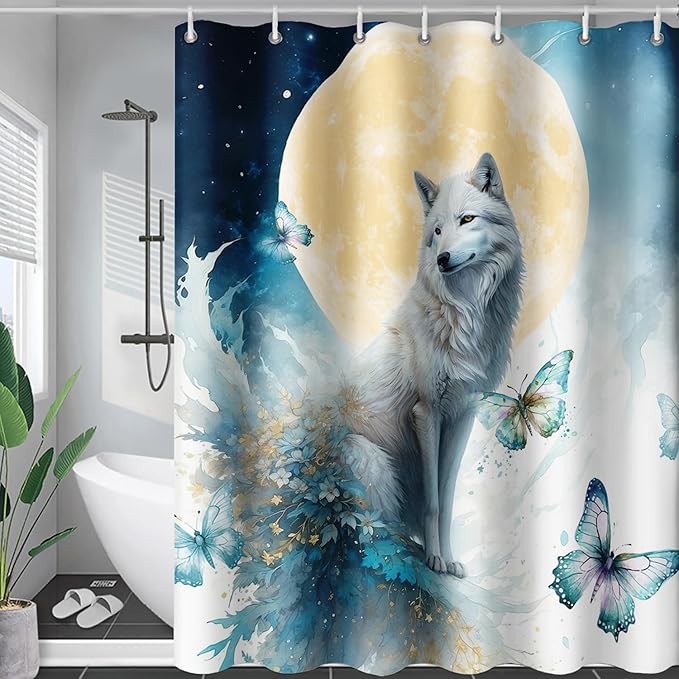 AILONEN 3D Printed Wolf Shower Curtain, Watercolor Floral Wolf Bath Curtain for Boys Girls Kids,Modern Minimalist White Waterproof Fabric Shower Curtain 36" W*72" H