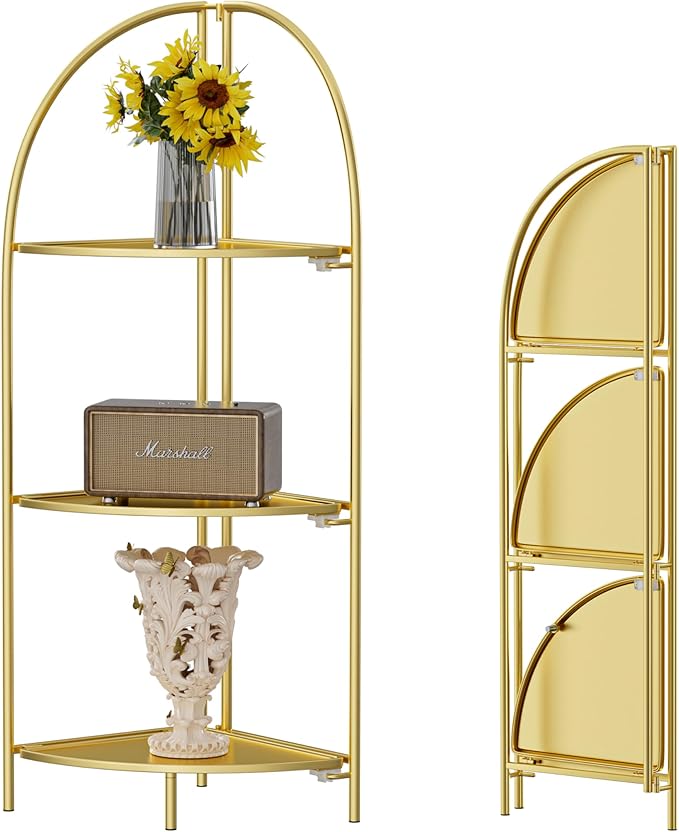 Crofy Foldable 3 Tier Corner Shelf, Metal Corner Plant Stand with Gold Frame and Gold Shelves, Corner Display Rack Multipurpose Shelving Unit for Living Room, Bedroom, Bathroom
