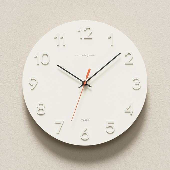 mooas 3D Numbers Modern Wall Clock, 12" Silent Non-Ticking Sweep Movement Decorative Battery Operated Analog Wall Clock for Home Décor Living Room Kitchen Bedroom Office School Hotel (Cream)