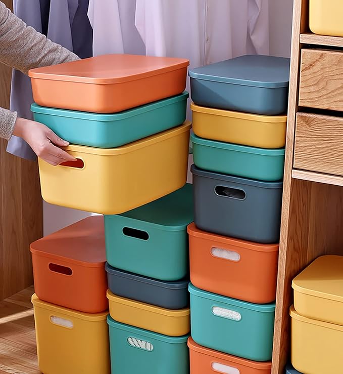 Plastic Storage Bins with Lid, Stackable Storage Containers for Organizing, Storage Baskets for Shelves Kitchen Bathroom Playroom Classroom Office (Medium (Yellow+Orange))