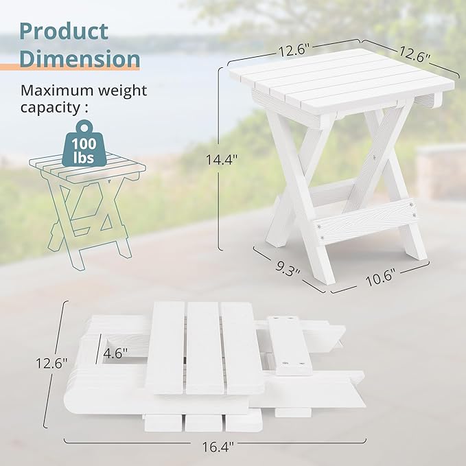 LUE BONA Small Outdoor Folding Side Table, Indoor Shower Bench Stool, HDPS End Table for Bathroom, Patio, Pool, 14 Inch Height, White