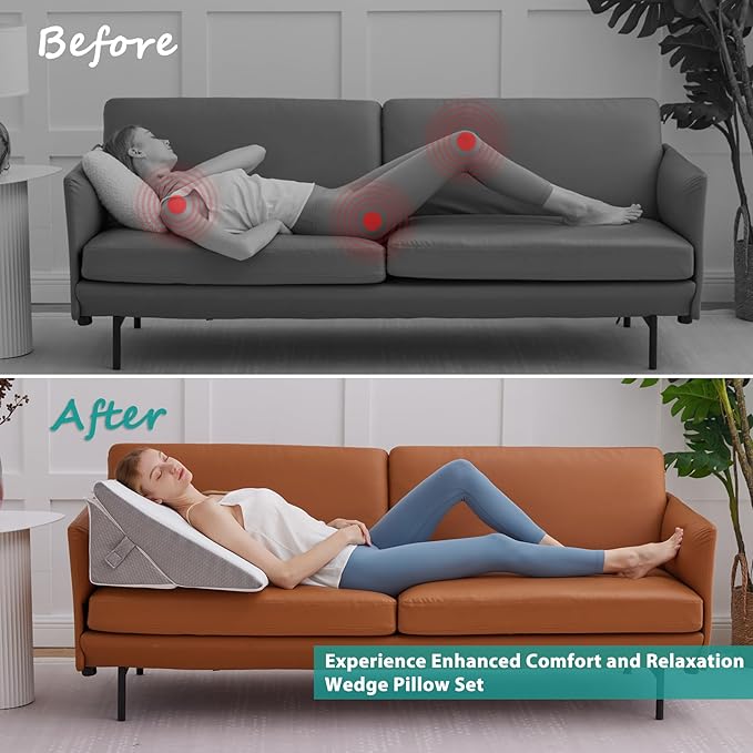 Wedge Pillow for Sleeping, Adjustable 9&12 Inch Foldable Bed Wedge Pillow Set, Orthopedic Memory Foam Triangle Pillow Wedge, 7-in-1 Elevated Pillows for Leg and Back Support, White/Grey