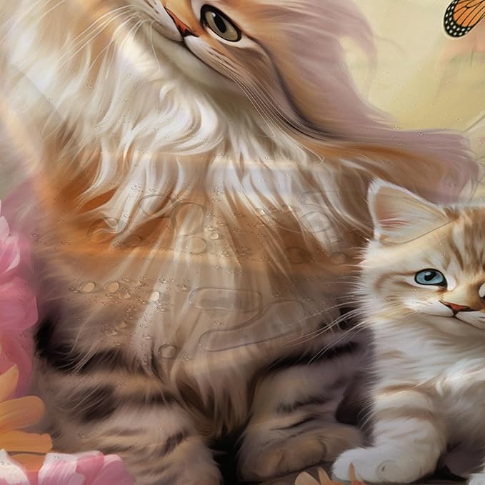 AILONEN Cartoon Kawaii Cat Shower Curtain for Kids Girls, 3D Cat Mum and Son with Flower Shower Curtain for Bathroom Decor,Cat Lovers Animal Waterproof Shower Curtains Sets with Hooks,72" W*72" H