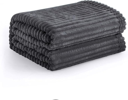 Vessia Flannel Fleece Throw Blanket, Lightweight Warm and Soft Striped Grey Couch and Bed Blanket, Cozy Microfiber Ribbed Sofa Decor for All Season