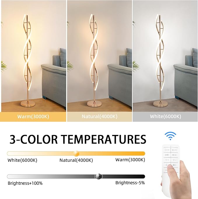 ADISUN 40W LED Floor Lamp Remote Control Dimmable Spiral Floor Lamp Indoor Tall Lamp Floor Lamps for Living Rooms Family Rooms Bedrooms Offices Lighting (Gold)
