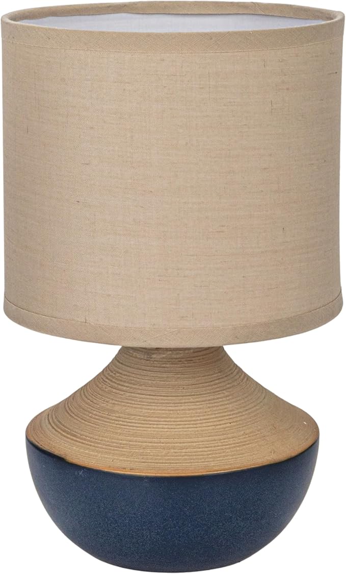 Creative Co-Op Stoneware Portable Table Lamp with Linen Shade, Black and Natural