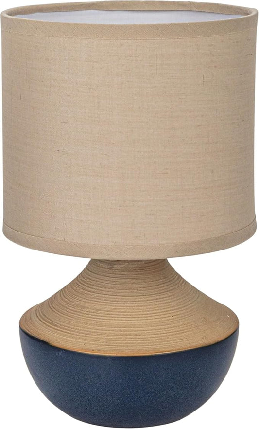 Creative Co-Op Stoneware Portable Table Lamp with Linen Shade, Black and Natural