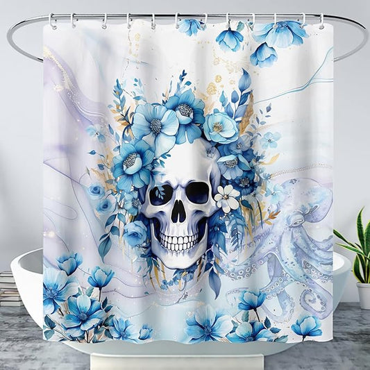 AILONEN Sugar Skull Blue Shower Curtain, Watercolor Floral Skull Octopus Printed Bath Curtain,Bathroom Waterproof Shower Curtain for Boys Girls 72" W x 96" H,with 12 Plastic Hooks