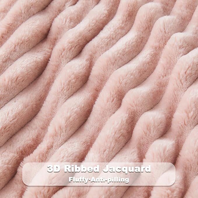 NEWCOSPLAY Super Soft King Blanket Pink Premium Silky Flannel Fleece 3D Ribbed Jacquard Lightweight Bed Blanket All Season Use (Pink Ribbed, King(90"x110"))