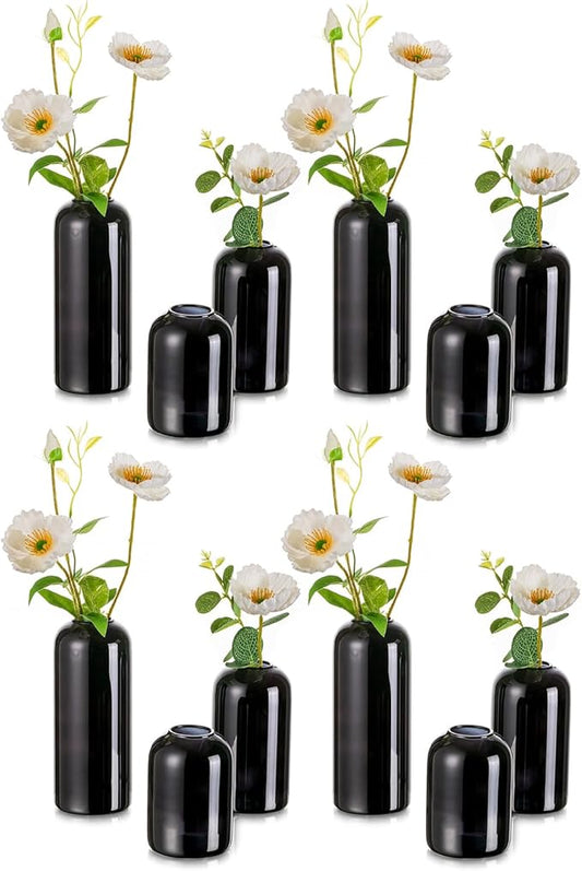 Black Glass Bud Vases for Flowers - Hewory Set of 12 Blown Modern Small Glass Vases for Centerpieces, Mini Bulk Flower Vase for Wedding Party Events Home Decor Floral Arrangements (Not Include Flower)
