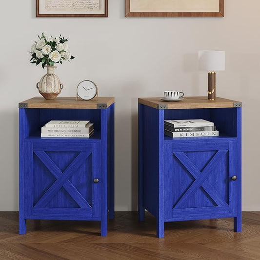 Farmhouse End Table, Nightstand, Set of 2, End Tables with Barn Door and Shelf, Modern Bed Side Table Rustic Nightstands Set for Bedroom, Living Room, Navy Blue