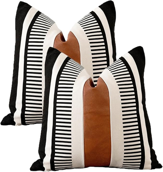 Set of 2 Boho Decor Faux Leather and Cotton Throw Pillow Covers 24x24 Rustic Canvas Cushion Cover Black White Farmhouse Stripe Pillow Case for Sofa Couch Chair Bedroom