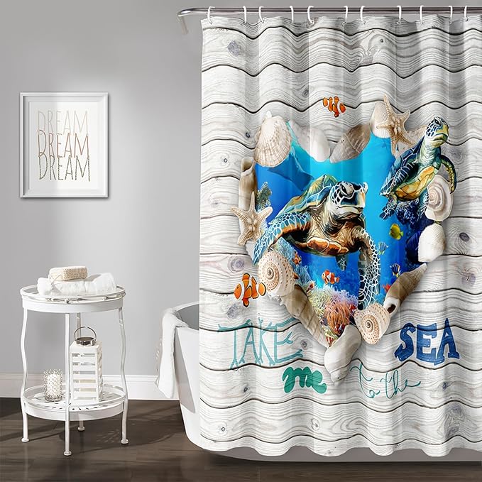 AILONEN 3D Printed Sea Turtle Shower Curtain, Ocean Coast Wooden Style Bathroom Curtain,Shell Turtle Bath Curtain 48" W*72" H Polyester Waterproof Bathroom Curtain with 12 Hooks