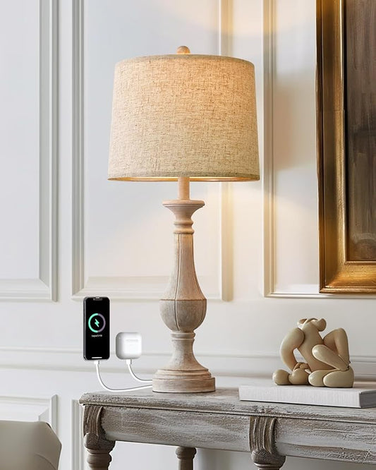 PoKat 27.25'' Table Lamp for Living Room with 2 USB Ports - Bedside Lamps for Night Stands, Farmhosue Nightstand Light Lamp, Mid Century Tall Lamp for Bedroom, Living Room, End Table, Distressed White