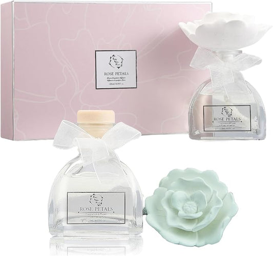 Reed Diffuser Set, Pretty Valley Home Diffuser Gypsum Flower Oil Rose Petals 120Ml / 4.05fl OZ Gift Box for Bathroom Office Bathroom Living Room Decor (Rose Petals)