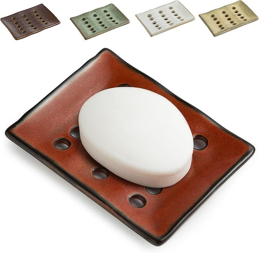 Soap Holder with Self Drain, Ceramic Soap Dishes for Bar, Shower, Japanese Soap Tray for Kitchen and Bathroom, Keep Sink Dry and Tidy, Red