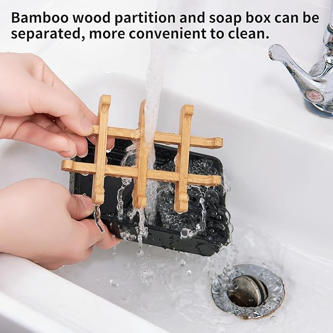 Bamboo Soap Dishes for Shower Wooden Soap Bar Holder for Bathroom Soap Tray Easy to Clean, Durable and with Non-Slip Pads(Single Black Square)
