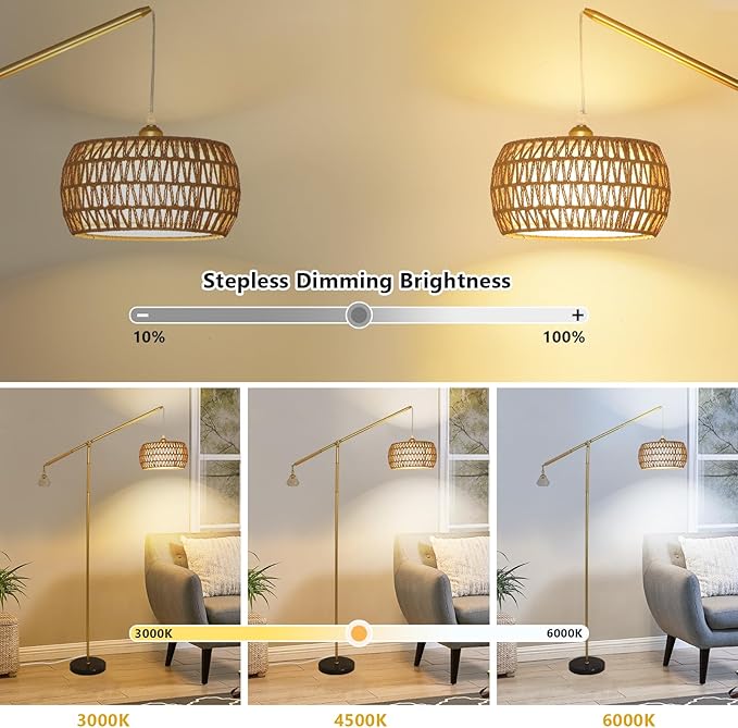 Gold Floor Lamp with 3 Color Temperatures, Floor Lamps for Living Room with Remote and LED Dimmable Bulb, Farmhouse Arc Standing Lamp, Rattan Floor Lamp for Bedroom, Adjustable Over Couch Tall Lamp