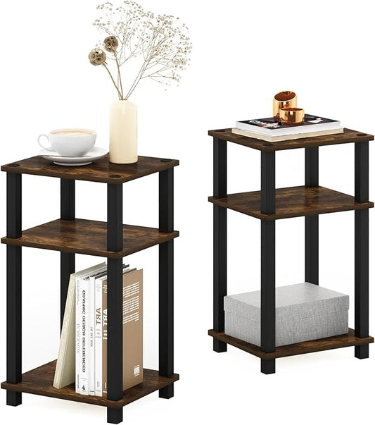Furinno Just 3-Tier Turn-N-Tube End Table/Night Stand/Bedside Table, 2-Pack, Amber Pine/Black