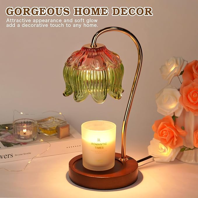 Glass Candle Warmer Lamp with Timer, Electric Candle Warmer Lamp, Birthday Gifts for Women, Mom, Female Friend, Flower Candle Lamp Warmer Gifts, Aromatic Candle Warmer Light for Vintage Home Decor