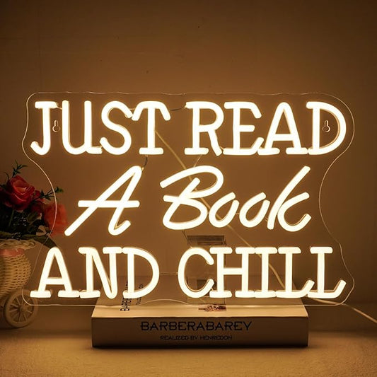 NEONLOVE Neon Sign Just Read A Book And Chill Neon Lights White LED Neon Signs for Wall decor LED Sign with Dimmable Switch Neon Light Up Sign for Classroom Bookstore Library Study Room Reading Party