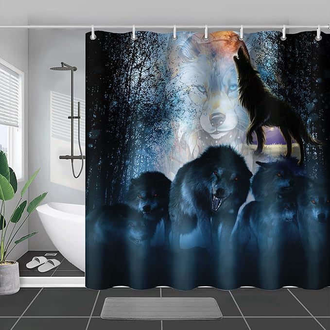 AILONEN Boys Wolf Shower Curtain for Bathroom Decor,3D Howling Wolf Ferocious Wolf Wildlife Decor Bath Curtain 36" W*72" H Polyester Fabric Waterproof Bathroom Curtain with 12 Hooks