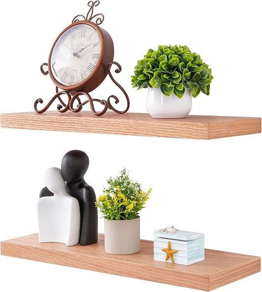Fun Memories 8 Inch Deep Floating Shelves, Rustic Wood Floating Shelf Wall Mounted, 24 x 8 Wall Shelves Set of 2, Deep Floating Shelves for Bathroom, Living Room, Kitchen, Natural Oak Color