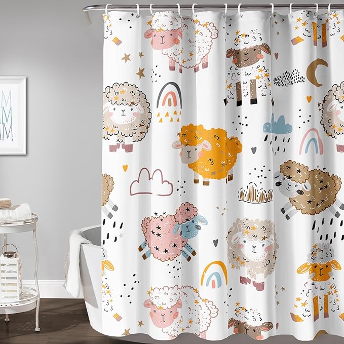 AILONEN Cute Sheep Kids Shower Curtain for Bathroom,Sheep Moon Clouds Kids Creative Rainbow Waterproof Bath Curtain,Modern Minimalist White Curtain with 12 Plastic Hooks(48" W*72" H)