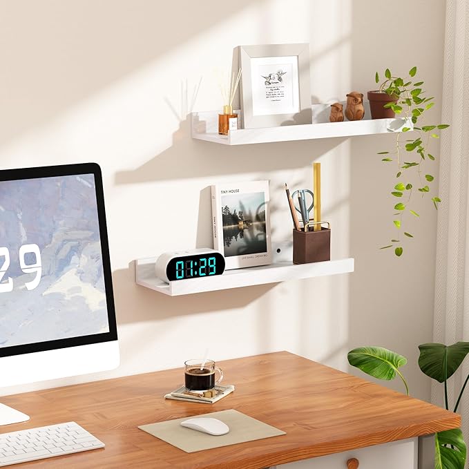 upsimples Floating Shelves for Wall, Wall Shelves for Decor Storage Set of 6, Wall Mounted Wood Shelves for Bedroom, Living Room, Bathroom, Kitchen, Picture Ledge Shelves, White