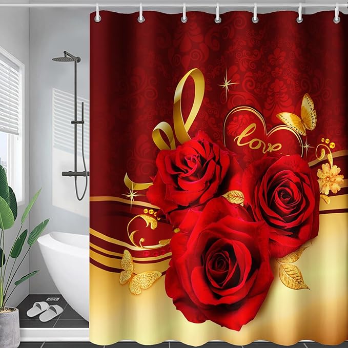 AILONEN Red and Gold Shower Curtain,Red Rose Hearts Printed Bath Curtain,Romantic Luxury Rose Flower Waterproof Curtain for Bathroom Decor 48" W x 72" H