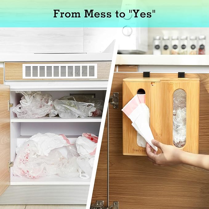Trash Bag Dispenser & Grocery Bag Holder -2 in 1-Bamboo Plastic Bag Holder with Large Storage Capacity and Wall-Mounted Design, Grocery Garbage Bag Organizers for Kitchen and Laundry Room Organization