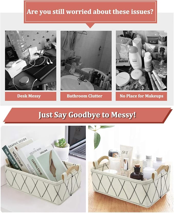 Small Storage Baskets Toy Storage Organizer Rectangle Basket Empty Gift Baskets Shelf Baskets Decorative Storage Basket With Wooden Handles for Keys Makeups Remotes Books