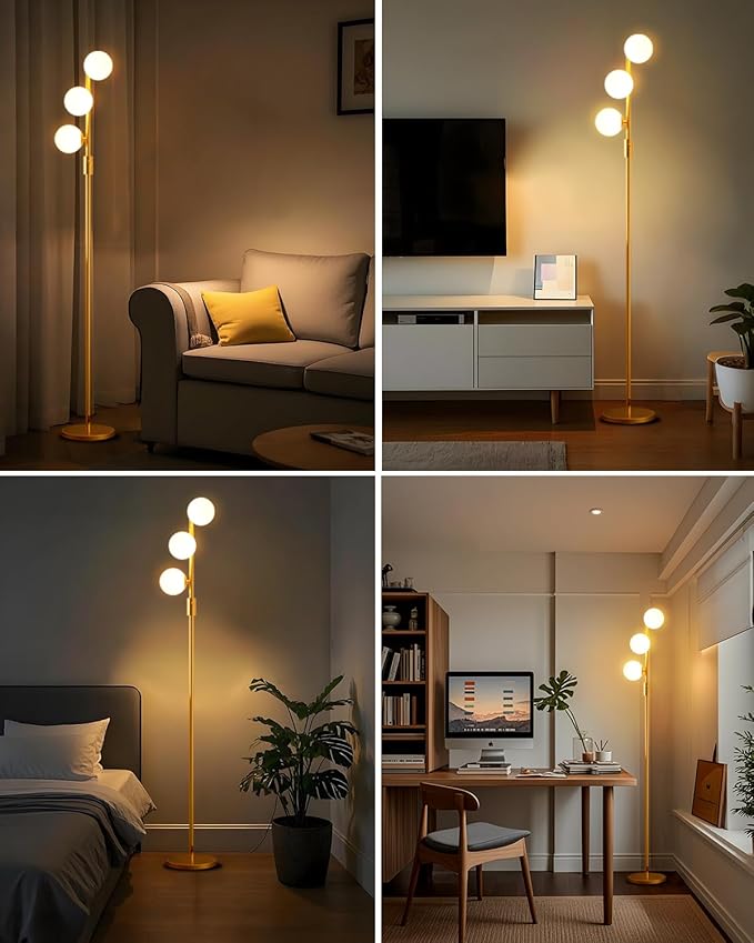 64IN Dimmable Gold Floor Lamp, Tall Standing Lamps with 3 Globe Soft Warm White Eye Care 3000K G9 Bulbs, Mid Century Modern Floor Lamp for Bedroom Office