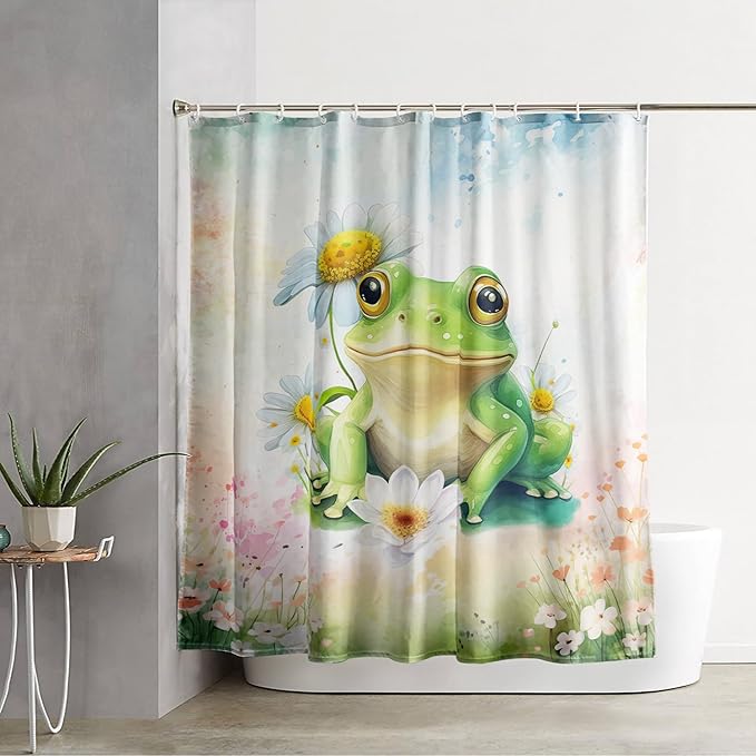 AILONEN Cartoon Frog Shower Curtain Set for Bathroom,Green Frog Bath Curtain,Amphibian Animal Shower Curtain,Tie Dye Flowers Waterproof Fabric Shower Curtain with Hooks,72" W*78" H