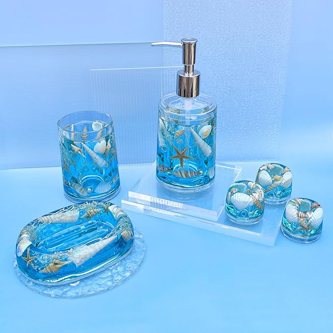 FONMY Soap Dish Acrylic w/Nature Seashell Bar Soap Holder Shower Soap Tray for Home, Camping Travel, Dry Stop soap Saver for Bathroom Vanity Countertop Office Unique Gifts and Home Decoration (Blue)