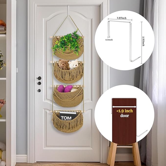 4 Tier Hanging Fruit Basket for Kitchen, 4 Pack Detachable Cotton Crocheted Wall Hanging Baskets Shelf Over Door Organizer for Fruit Veggie Plant, Hanging Storage Basket for Bathroom Bedroom(Brown)