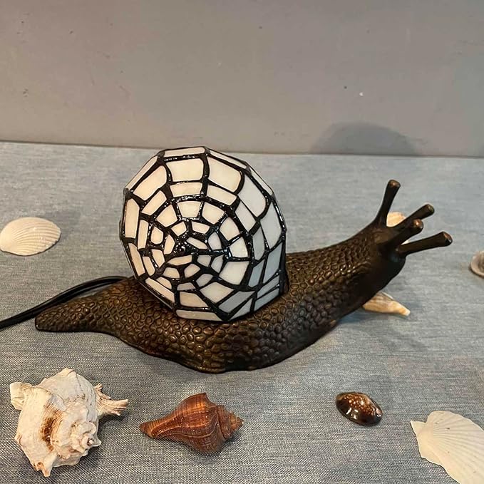 Bieye L10988 Land Snail Tiffany Style Stained Glass Accent Table Lamp for Home Decor (White, 10" D x 5" W x 5" H)