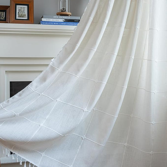 ColorBird White Curtains 84 Inches Long, 2 Panels Farmhouse Window Curtains for Living Room, Lattice Linen Darkening White Drapes for Dining Bedroom