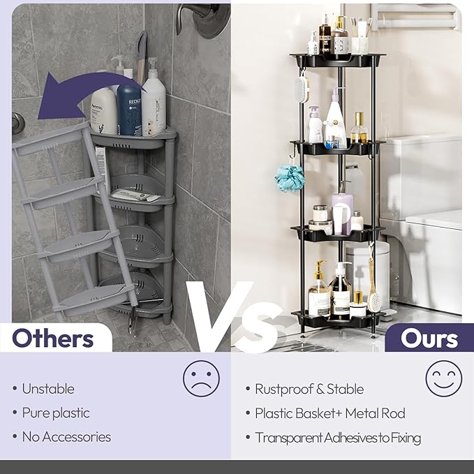 SWTYMIKI Corner Shower Caddy Standing - 4 Tier Floor Standing Shower Organizer with 4 Hooks, Plastic & Stainless Steel Waterproof Corner Stand Shower Shelf Storage Rack for Bathroom, Bathtub, Black
