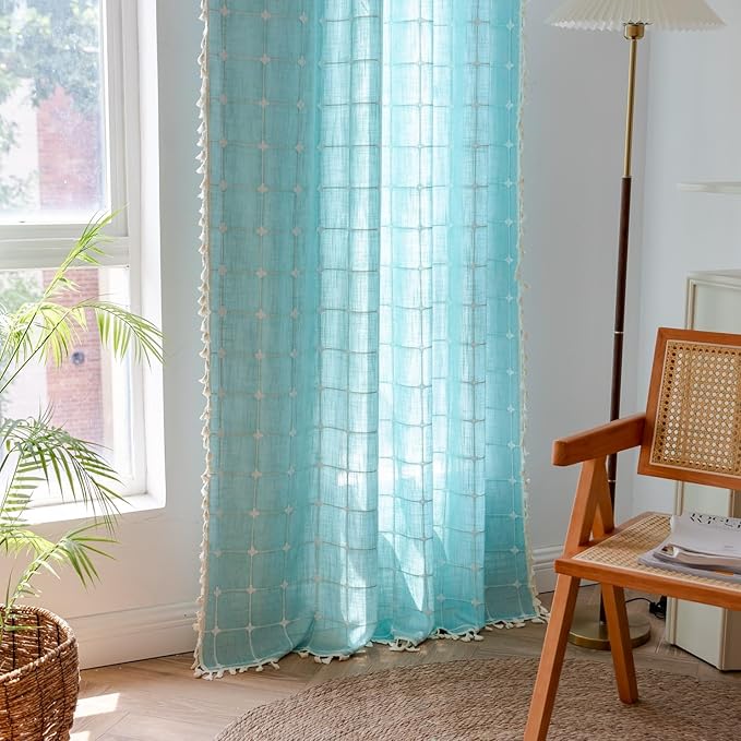Sutuo Home Boho Curtains 90 Inches Long for Bedroom Living Room, Plaids Farmhouse Tassels Semi Blackout Linen Window Treatment Bohemian Embroidery Drape,Rod Pocket 1 Panel 52" W x 90" L, Aqua Blue