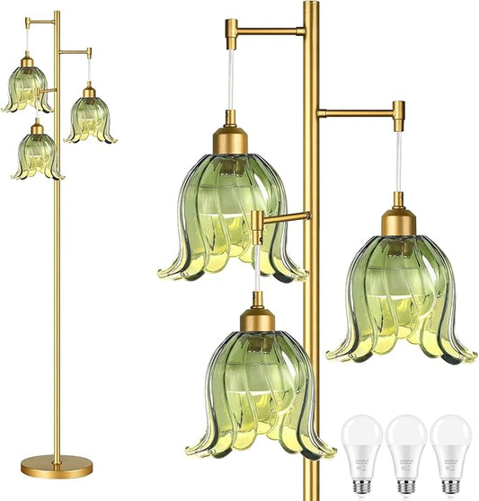 Gold Floor Lamp for Living Room,Bedroom,Tree 3 Light Standing Lamp Mid Century Modern Brass Tall Floor Lamps Vintage Retro Floor Lights Green Glass Flower Lamp Shade Farmhouse Boho Bohemian