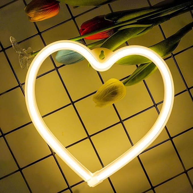 1-Pack Heart Neon Sign, Neon Heart Lights Battery Operated or USB Powered Decoration Lamp, LED Wall Decoration Light for Classroom Bedroom Girl's Room Party Birthday Home Wedding Décor (Warm White)