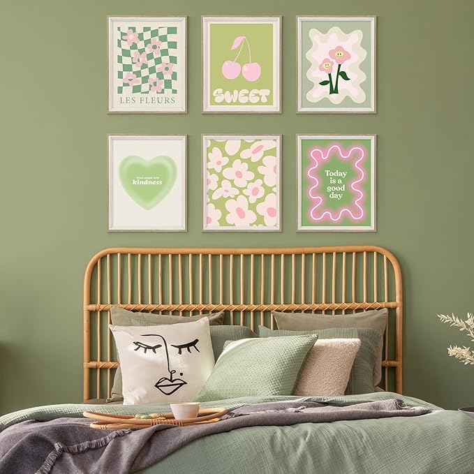 Habseligkeit Green Danish Pastel Wall Decor for Girls Dorm, Aesthetic Cute Room Decor, Preppy Wall Art Prints for Room Decor Aesthetic Framed, 8x10in, Set of 6
